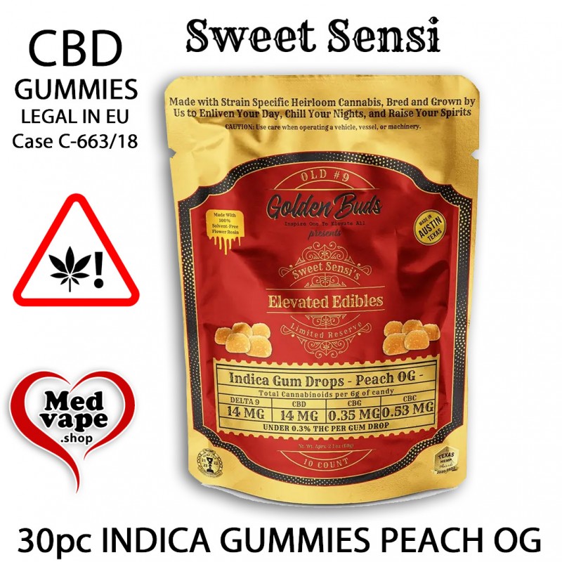 INDICA GUMMIES PEACH OG 10PC 14mg. - SWEET SENSI CBD WEED THC FREE CANNABIS MEDVAPE